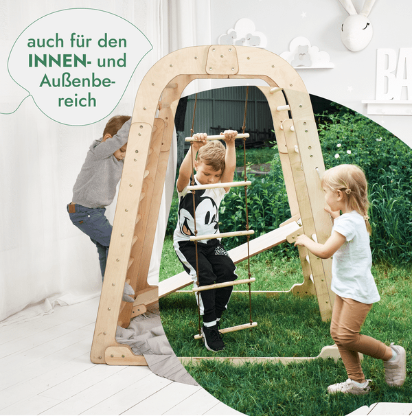 8in1 Indoor Spielplatz Holz - Klettergerüst mit Rutsche & Maltafel im Montessori-Stil (Beige)