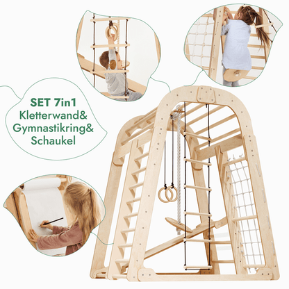 8in1 Indoor Spielplatz Holz - Klettergerüst mit Rutsche & Maltafel im Montessori-Stil (Beige)