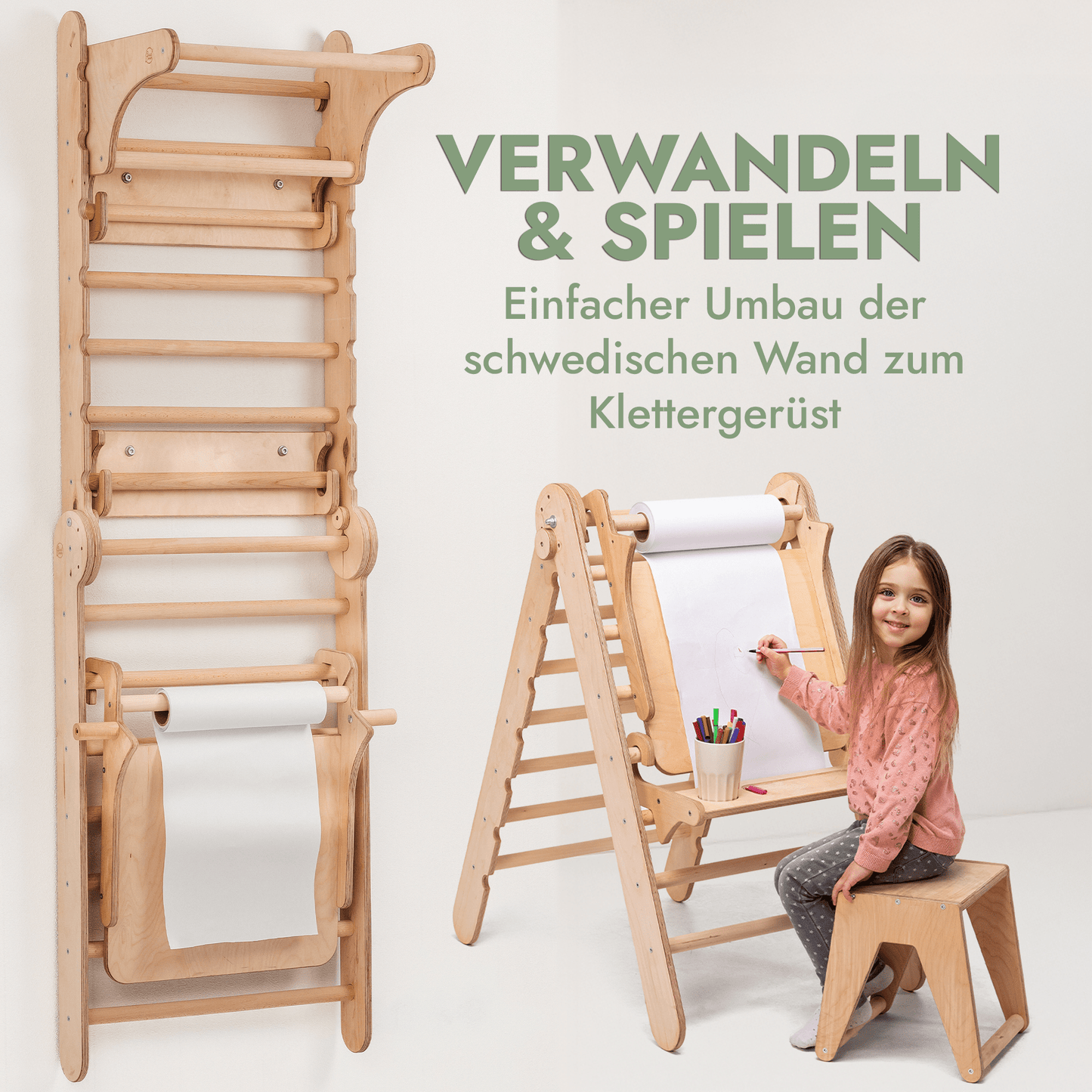 8in1 Kletterwand Indoor - Sprossenwand mit Rutsche, Turnset & Maltafel (Beige)