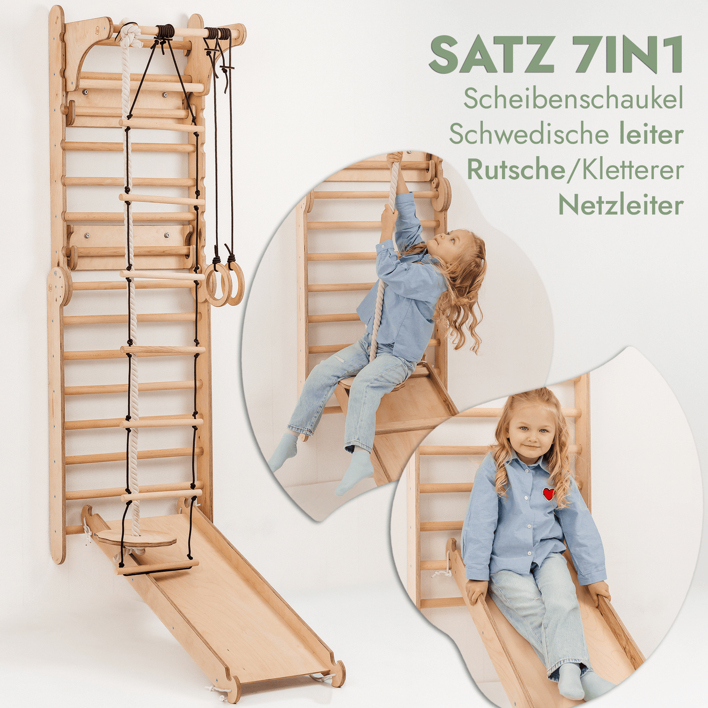 8in1 Kletterwand Indoor - Sprossenwand mit Rutsche, Turnset & Maltafel (Beige)