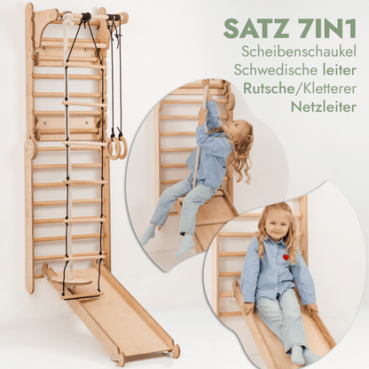 8in1 Kletterwand Indoor - Sprossenwand mit Rutsche, Turnset & Maltafel (Beige)