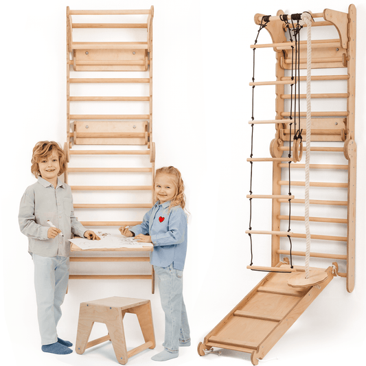 8in1 Kletterwand Indoor - Sprossenwand mit Rutsche, Turnset & Maltafel (Beige)