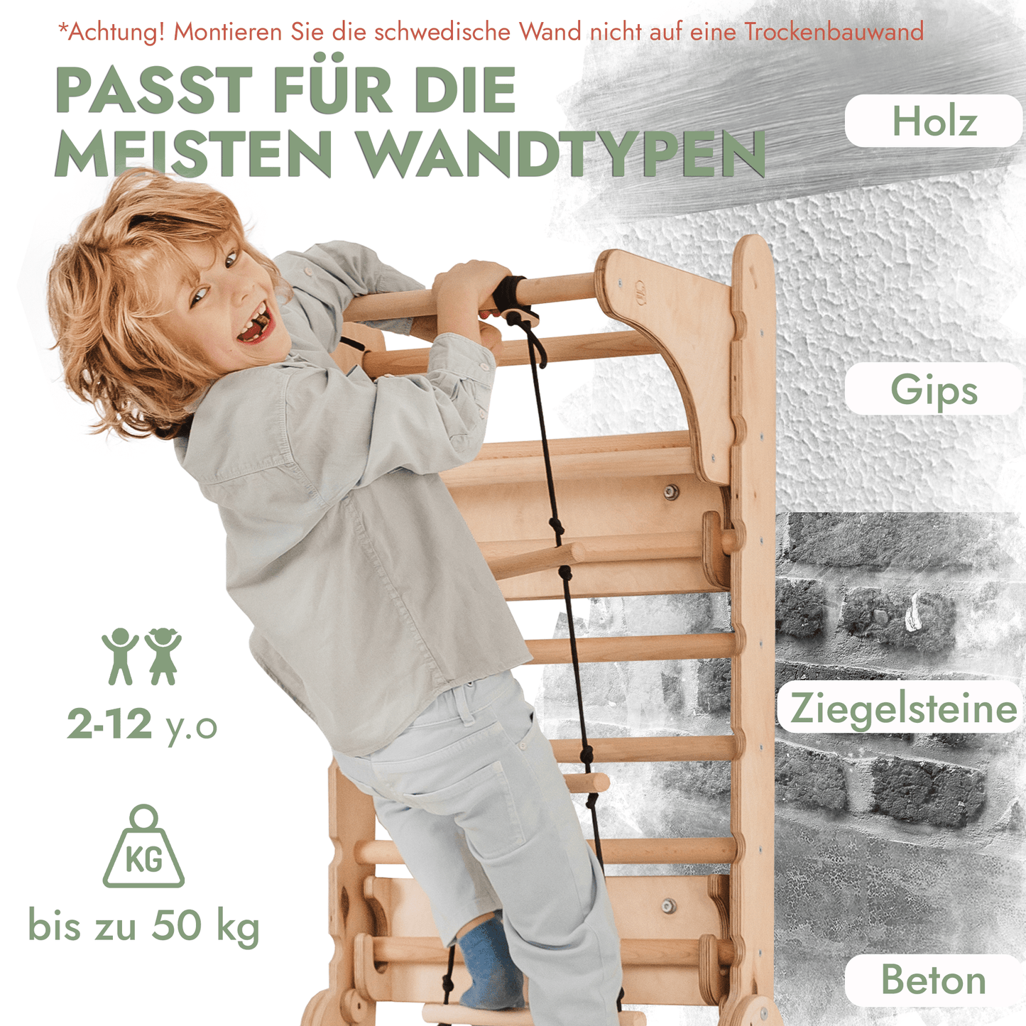 8in1 Kletterwand Indoor - Sprossenwand mit Rutsche, Turnset & Maltafel (Beige)
