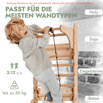 8in1 Kletterwand Indoor - Sprossenwand mit Rutsche, Turnset & Maltafel (Beige)