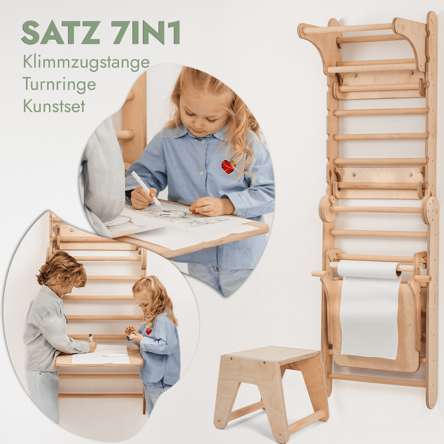 8in1 Kletterwand Indoor - Sprossenwand mit Rutsche, Turnset & Maltafel (Beige)