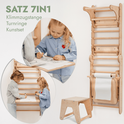8in1 Kletterwand Indoor - Sprossenwand mit Rutsche, Turnset & Maltafel (Beige)