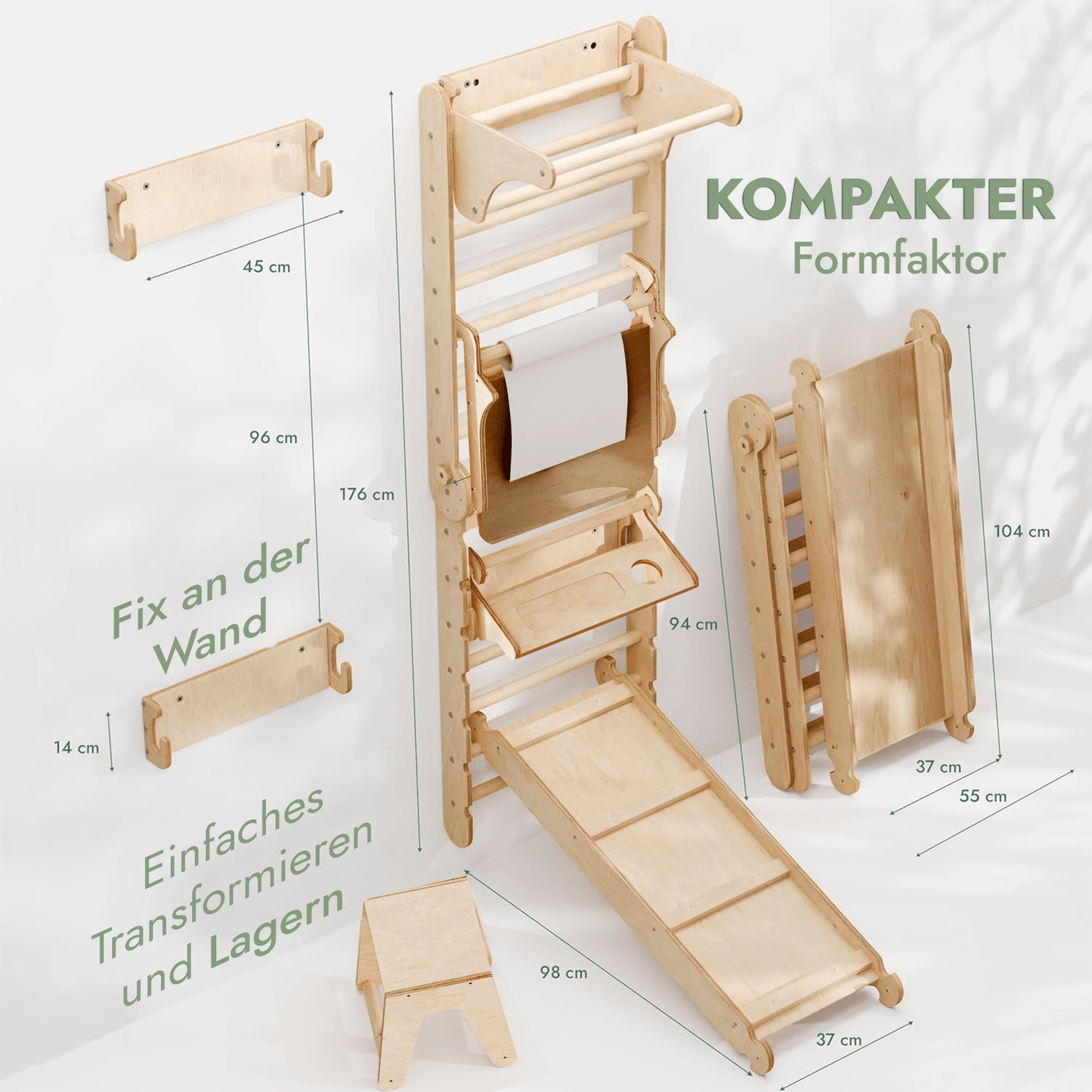 8in1 Kletterwand Indoor - Sprossenwand mit Rutsche, Turnset & Maltafel (Beige)