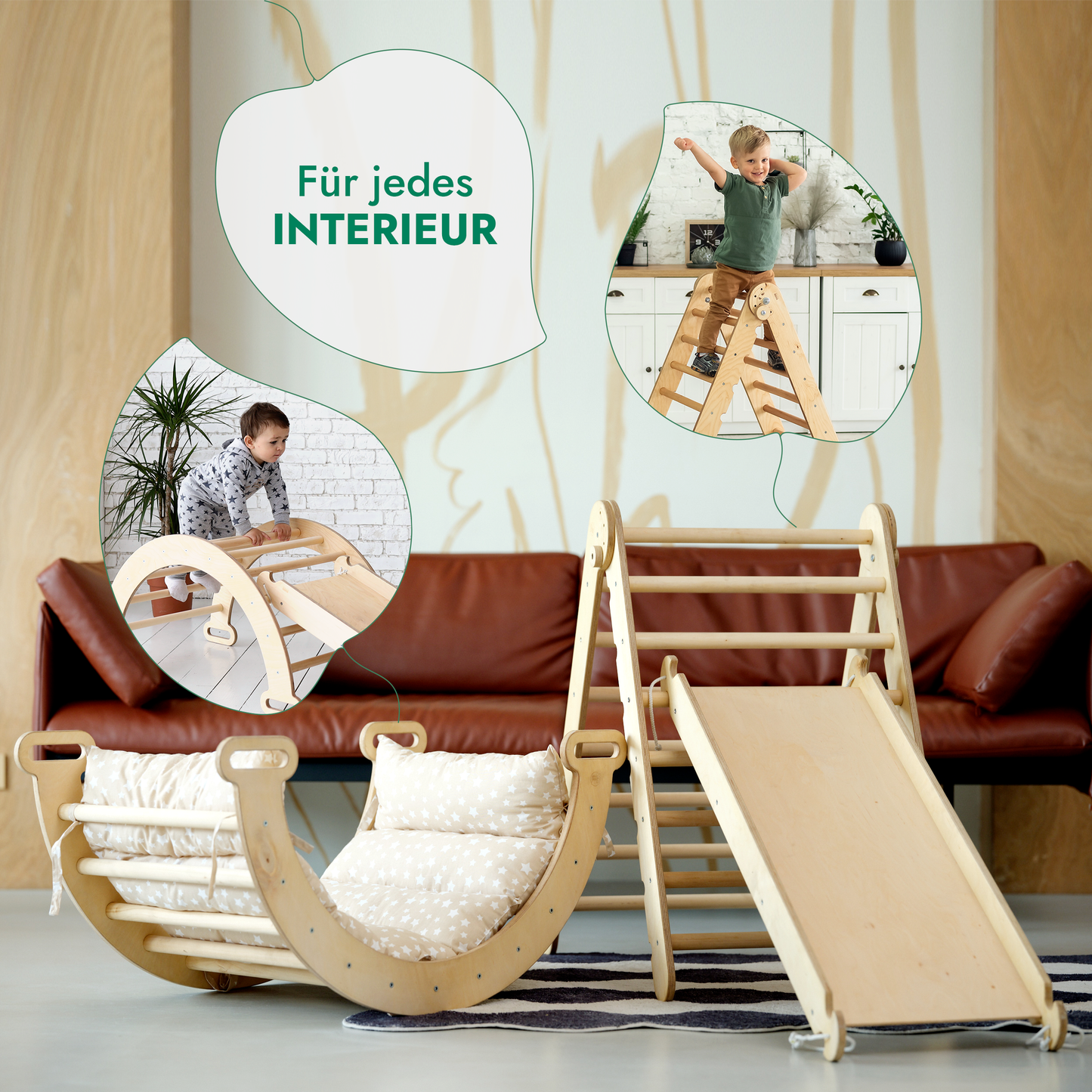 4in1 Montessori Klettergerüst Set - Kletterdreieck, Bogen mit Kissen & Rutsche (Beige)