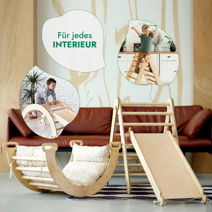 4in1 Montessori Klettergerüst Set - Kletterdreieck, Bogen mit Kissen & Rutsche (Beige)