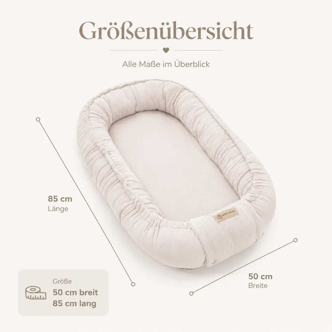 Babynest Musselin Beige - Mitwachsendes Kuschelnest aus atmungsaktivem Musselin