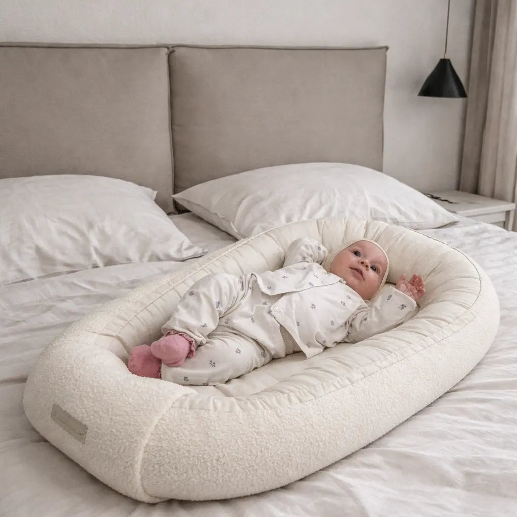 Babynest Bouclé Beige - Mitwachsendes Kuschelnest aus weichem Teddystoff