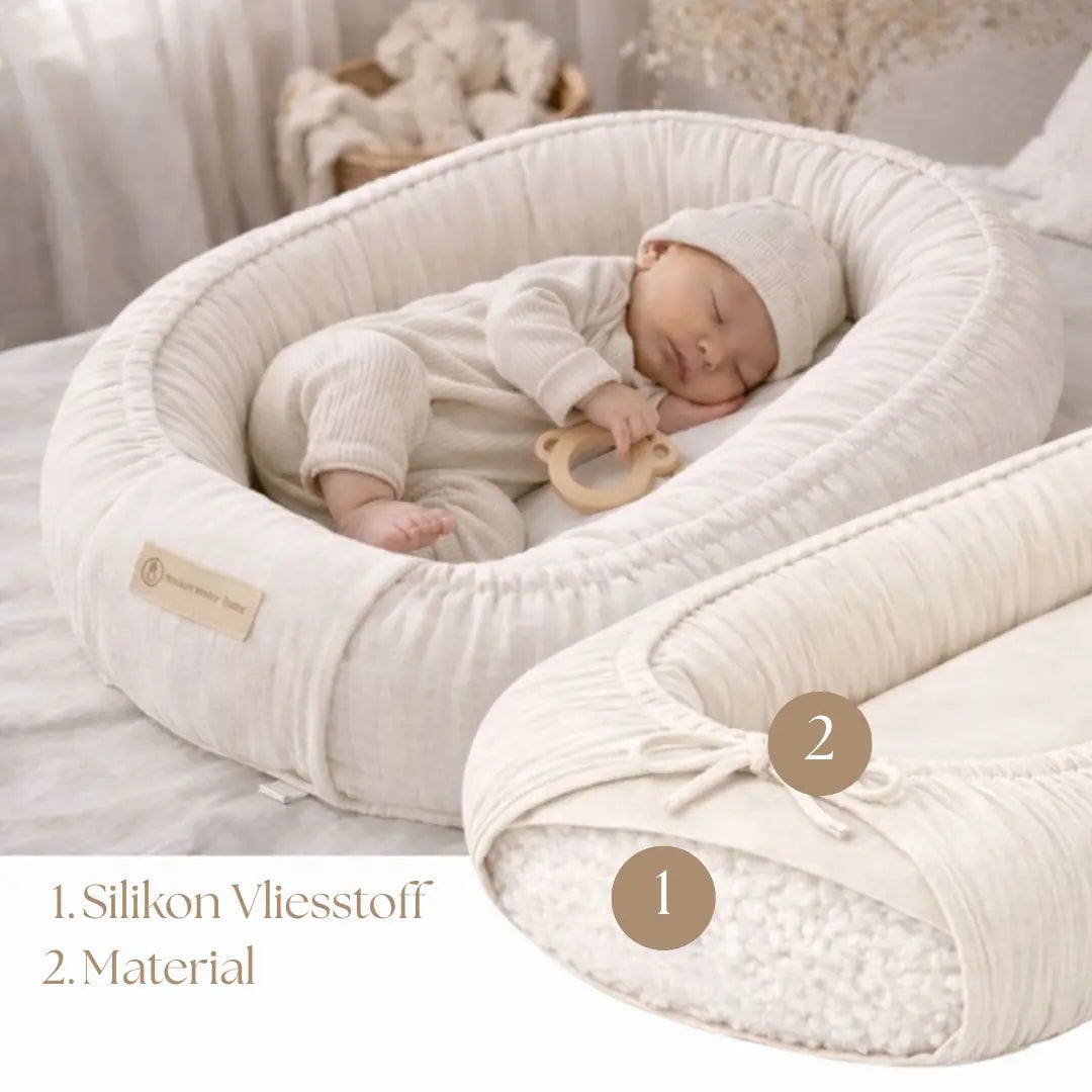 Babynest Musselin Beige - Mitwachsendes Kuschelnest aus atmungsaktivem Musselin