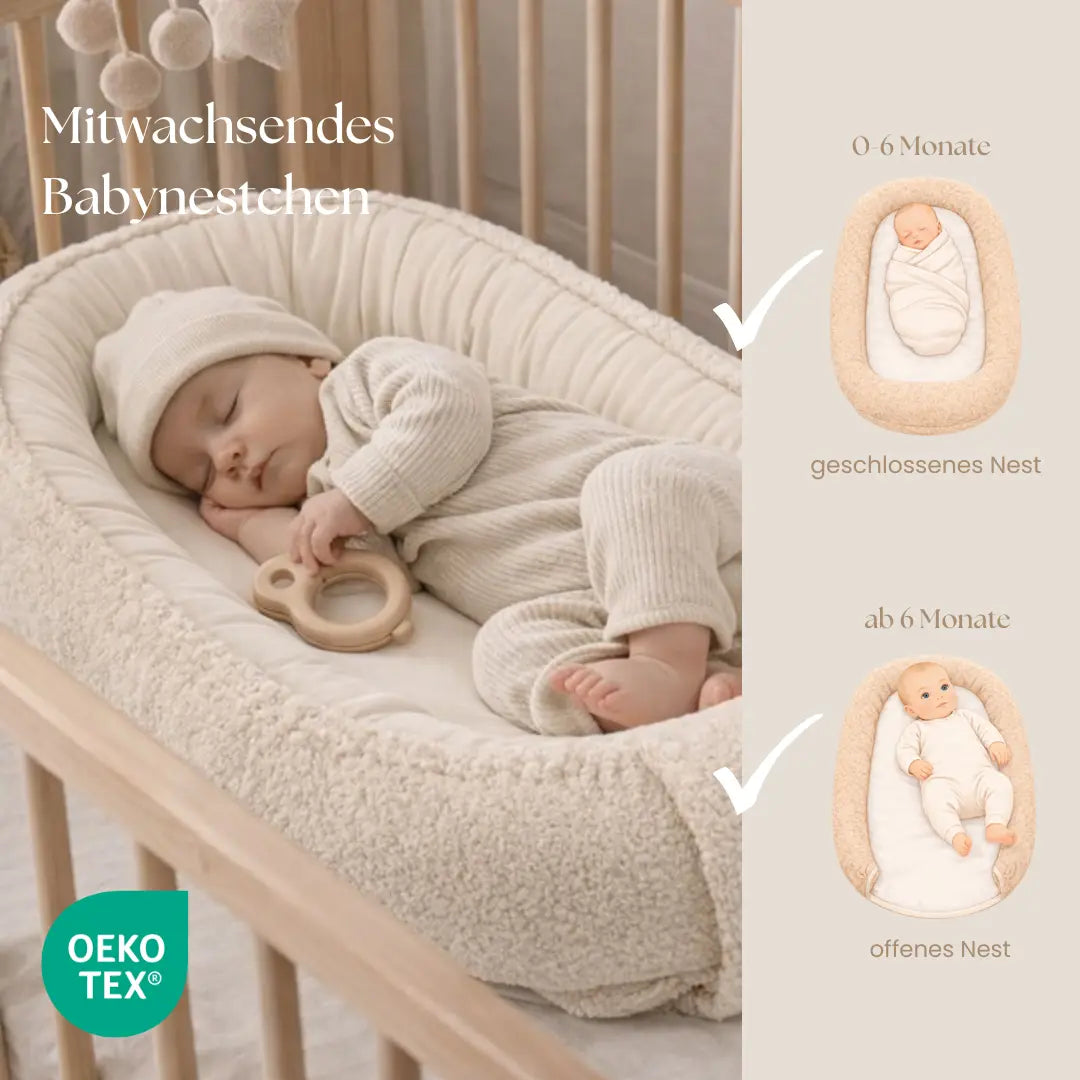 Babynest Bouclé Beige - Mitwachsendes Kuschelnest aus weichem Teddystoff