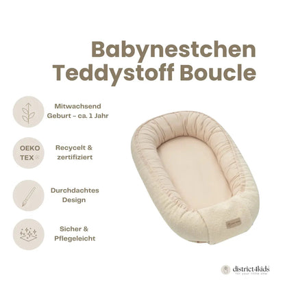 Babynest Bouclé Beige - Mitwachsendes Kuschelnest aus weichem Teddystoff