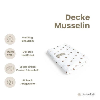 Musselindecke Herzen - Doppellagiges Schmuse- & Pucktuch aus Baumwolle (75 x 100 cm)