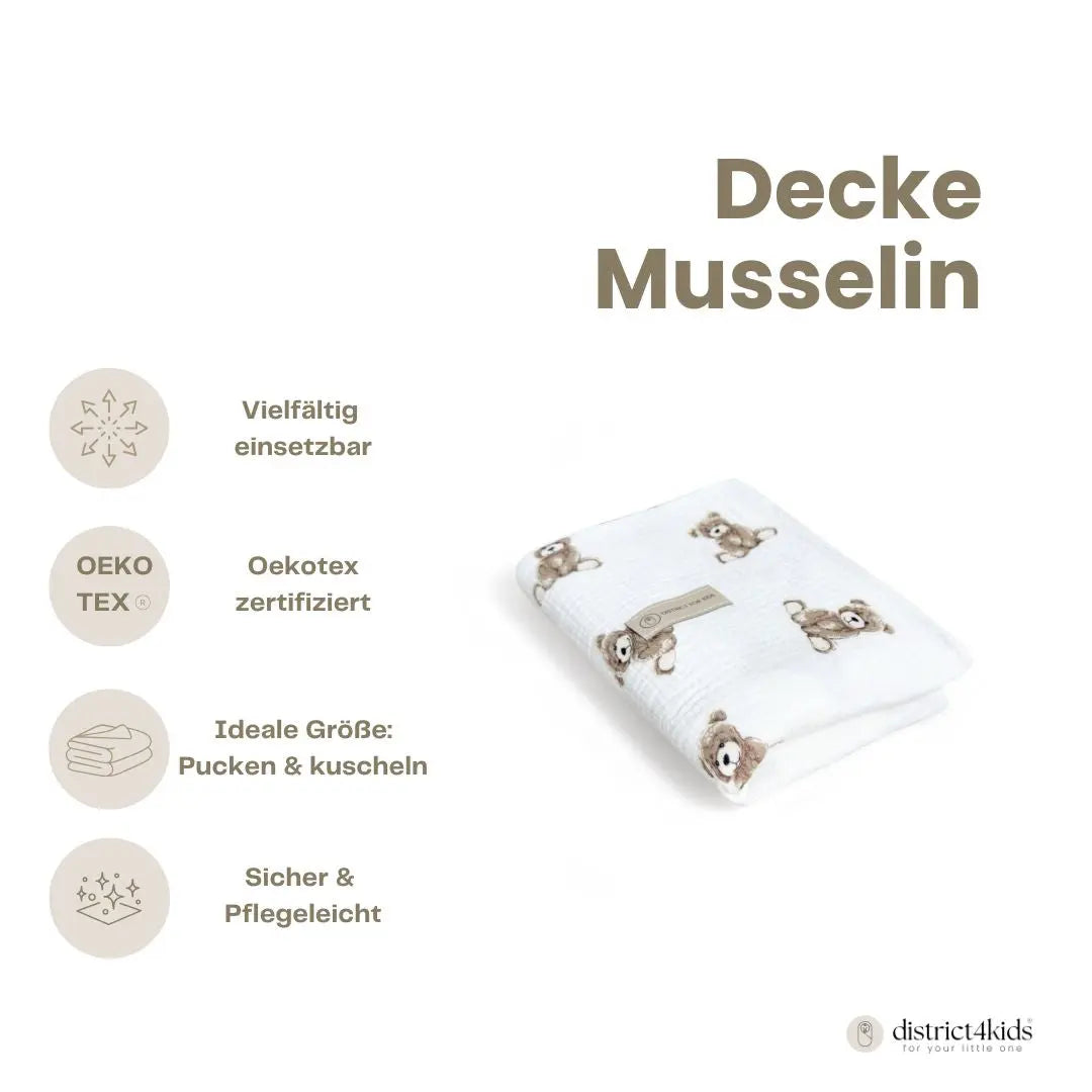 Musselindecke Teddybär - Doppellagiges Schmuse- & Pucktuch aus Baumwolle (75 x 100 cm)