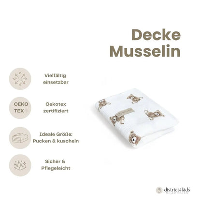 Musselindecke Teddybär - Doppellagiges Schmuse- & Pucktuch aus Baumwolle (75 x 100 cm)