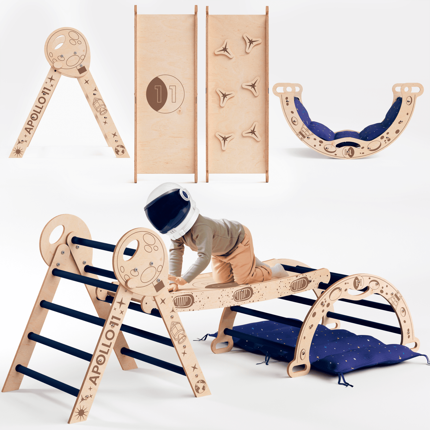 Apollo 4in1 Kletterset Holz - Pikler-Dreieck, Bogen mit Kissen & Rutsche (Weltraum-Edition)