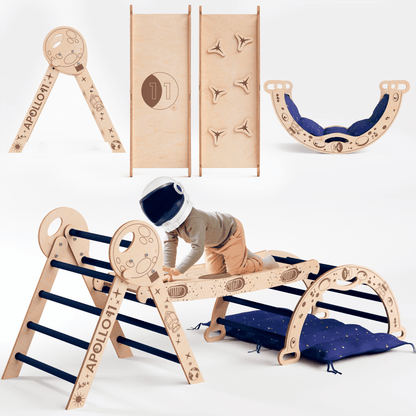 Apollo 4in1 Kletterset Holz - Pikler-Dreieck, Bogen mit Kissen & Rutsche (Weltraum-Edition)