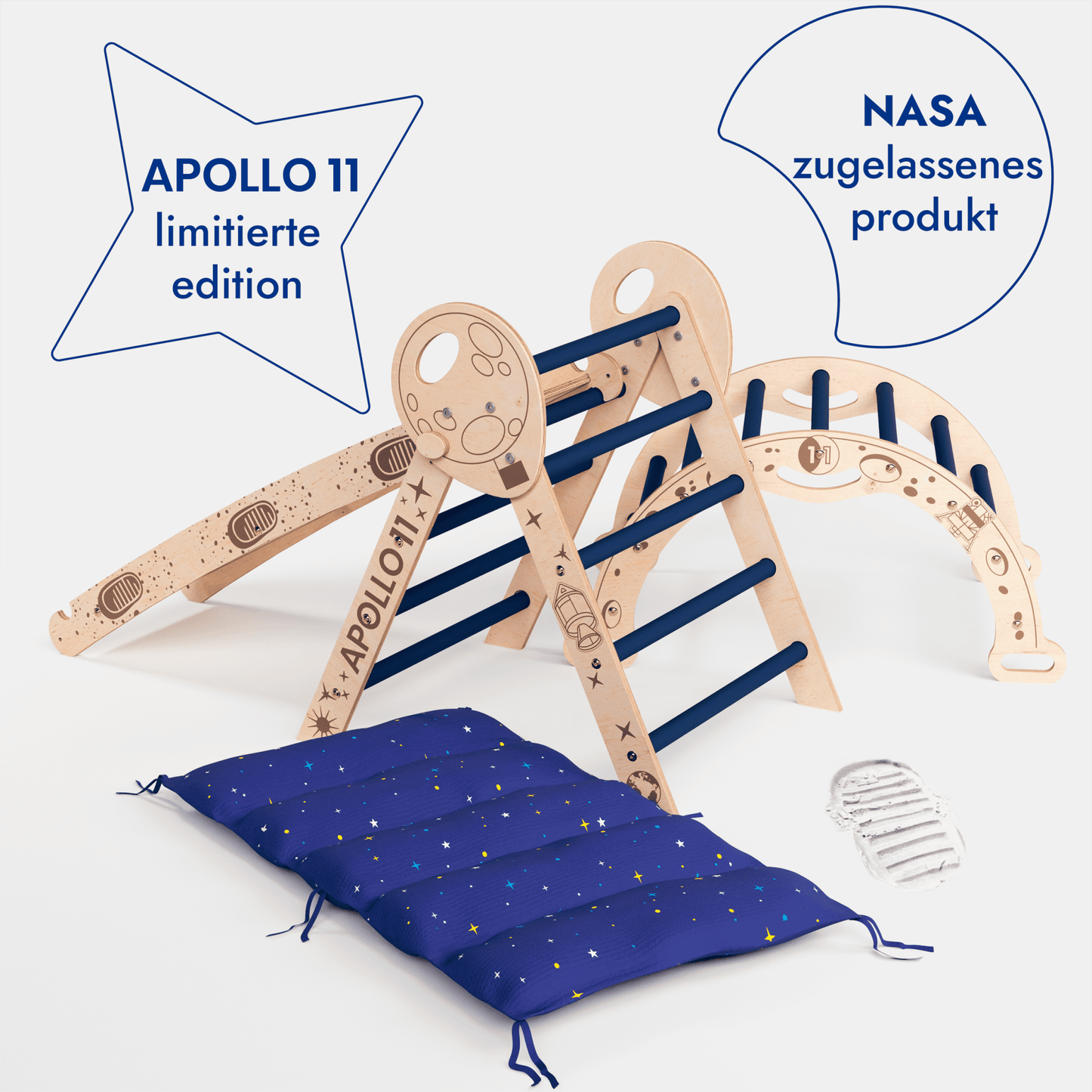 Apollo 4in1 Kletterset Holz - Pikler-Dreieck, Bogen mit Kissen & Rutsche (Weltraum-Edition)