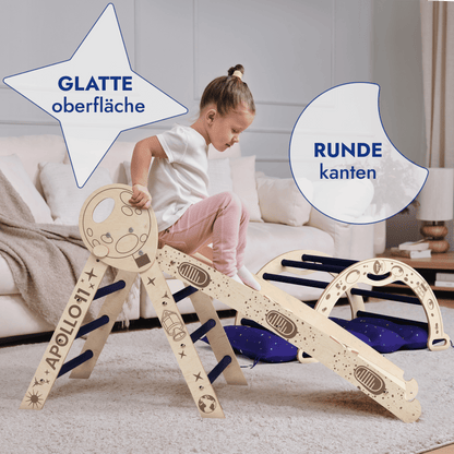 Apollo 4in1 Kletterset Holz - Pikler-Dreieck, Bogen mit Kissen & Rutsche (Weltraum-Edition)