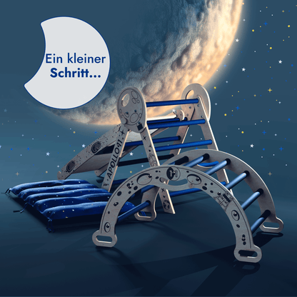 Apollo 4in1 Kletterset Holz - Pikler-Dreieck, Bogen mit Kissen & Rutsche (Weltraum-Edition)
