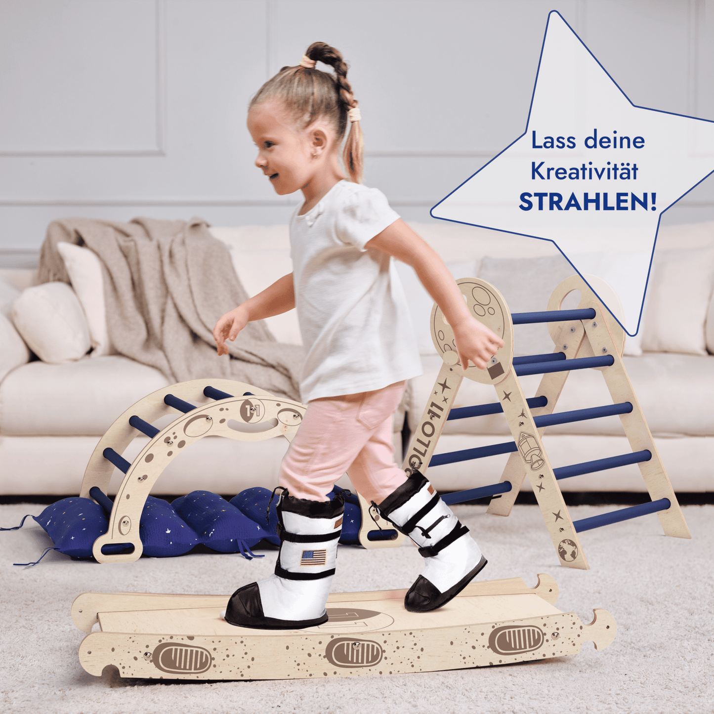 Apollo 4in1 Kletterset Holz - Pikler-Dreieck, Bogen mit Kissen & Rutsche (Weltraum-Edition)