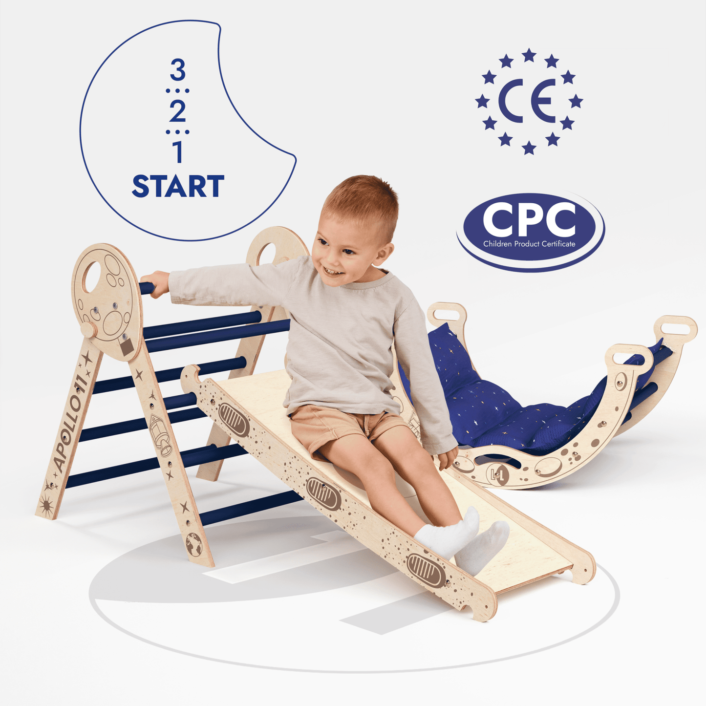 Apollo 4in1 Kletterset Holz - Pikler-Dreieck, Bogen mit Kissen & Rutsche (Weltraum-Edition)