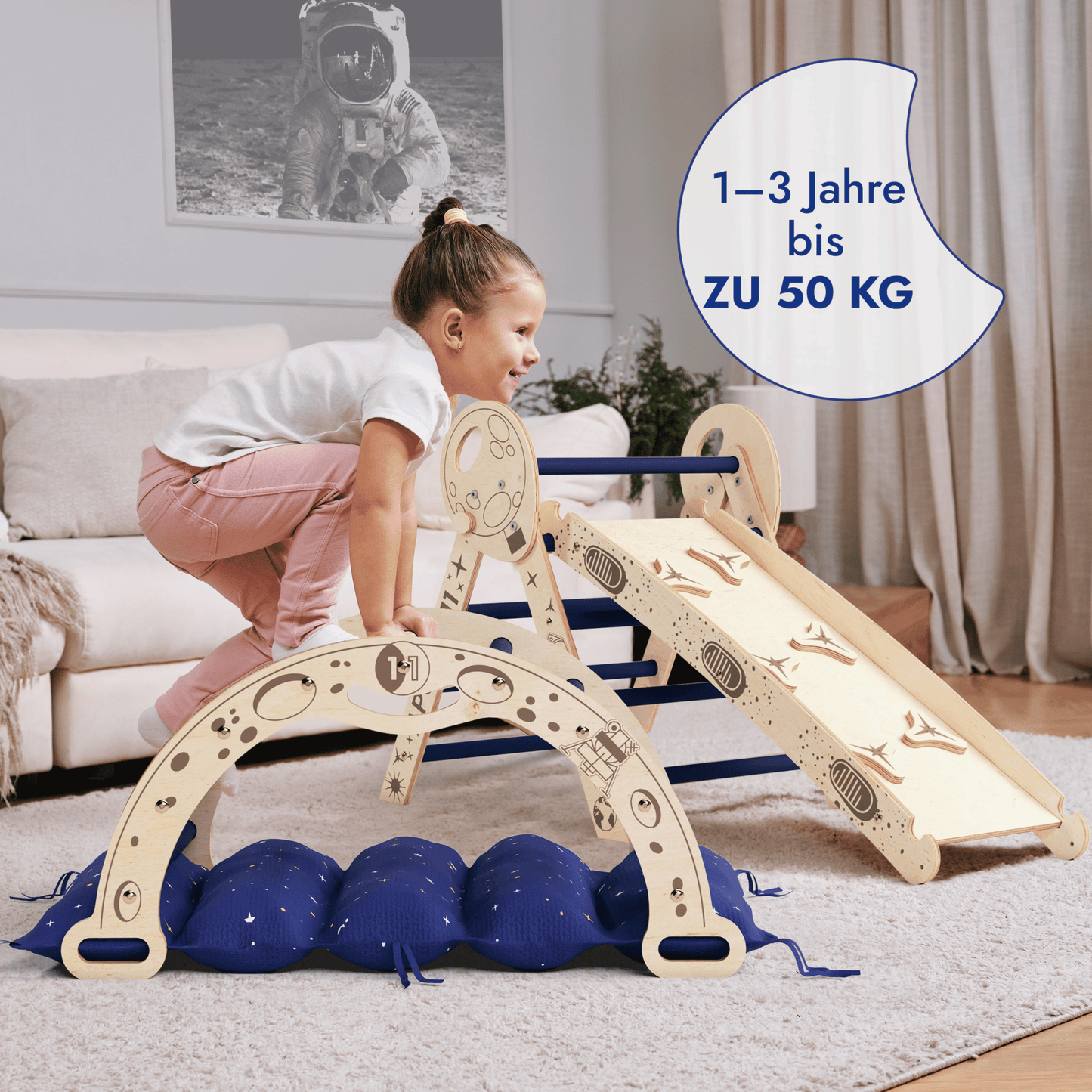 Apollo 4in1 Kletterset Holz - Pikler-Dreieck, Bogen mit Kissen & Rutsche (Weltraum-Edition)