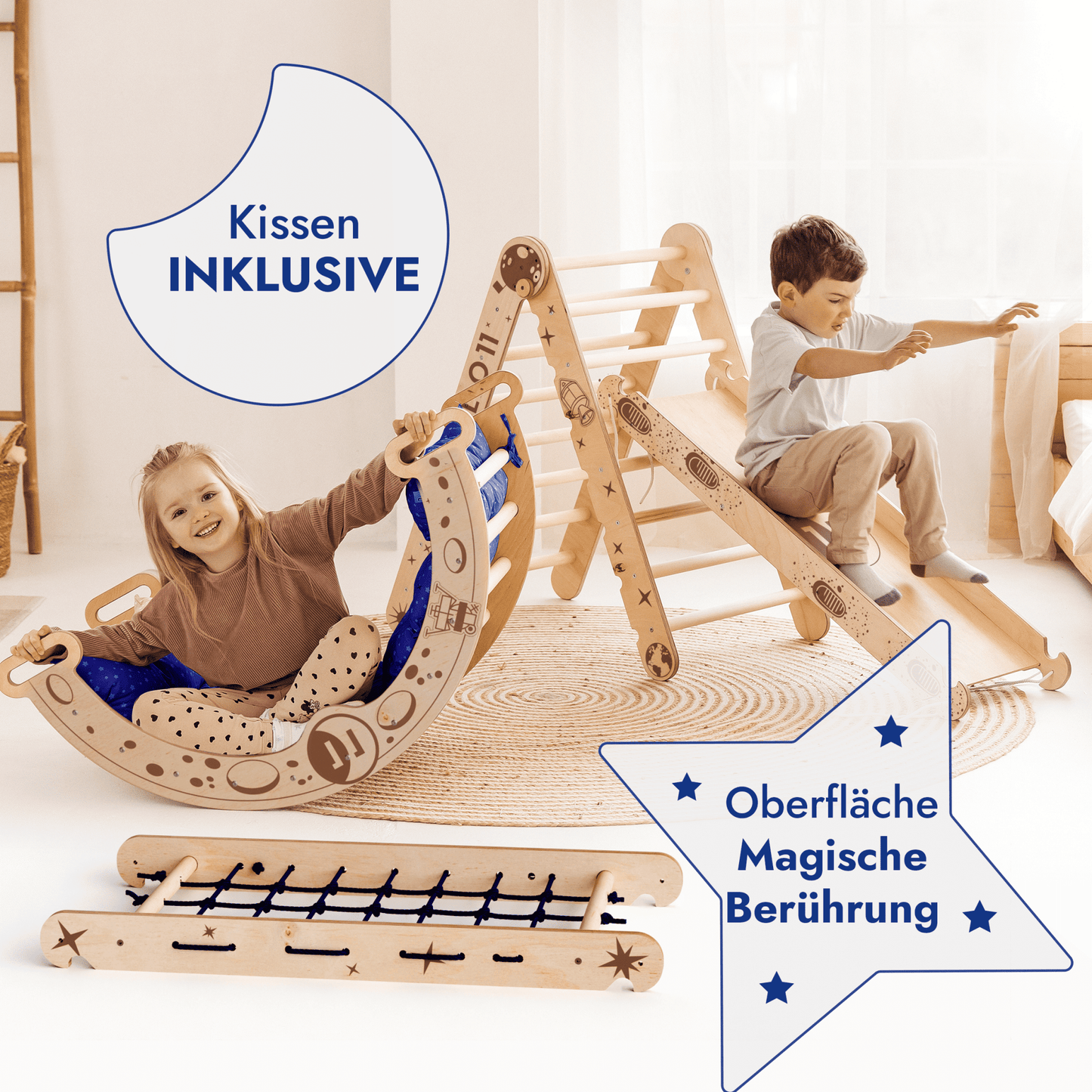 Apollo 5in1 Kletterset Holz - Pikler-Dreieck, Bogen mit Kissen, Netz & Rutsche (Weltraum-Edition)