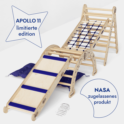 Apollo 5in1 Kletterset Holz - Pikler-Dreieck, Bogen mit Kissen, Netz & Rutsche (Weltraum-Edition)