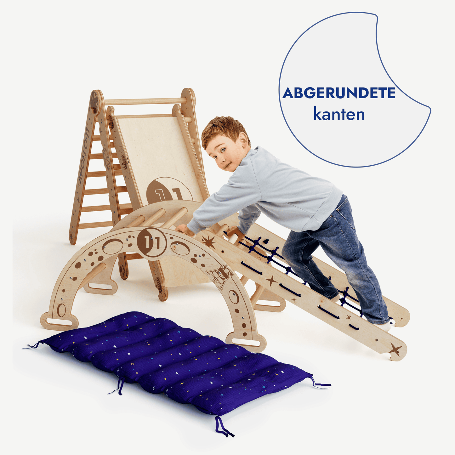 Apollo 5in1 Kletterset Holz - Pikler-Dreieck, Bogen mit Kissen, Netz & Rutsche (Weltraum-Edition)