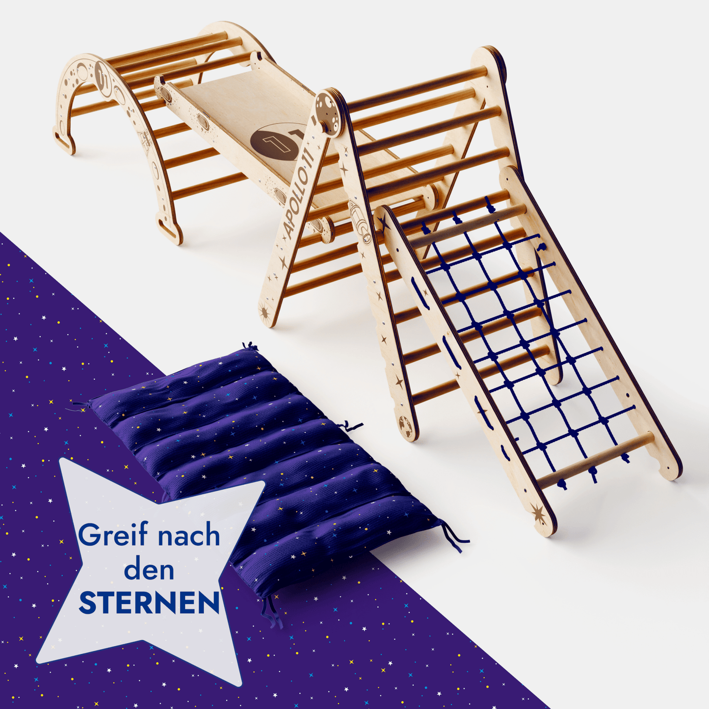 Apollo 5in1 Kletterset Holz - Pikler-Dreieck, Bogen mit Kissen, Netz & Rutsche (Weltraum-Edition)