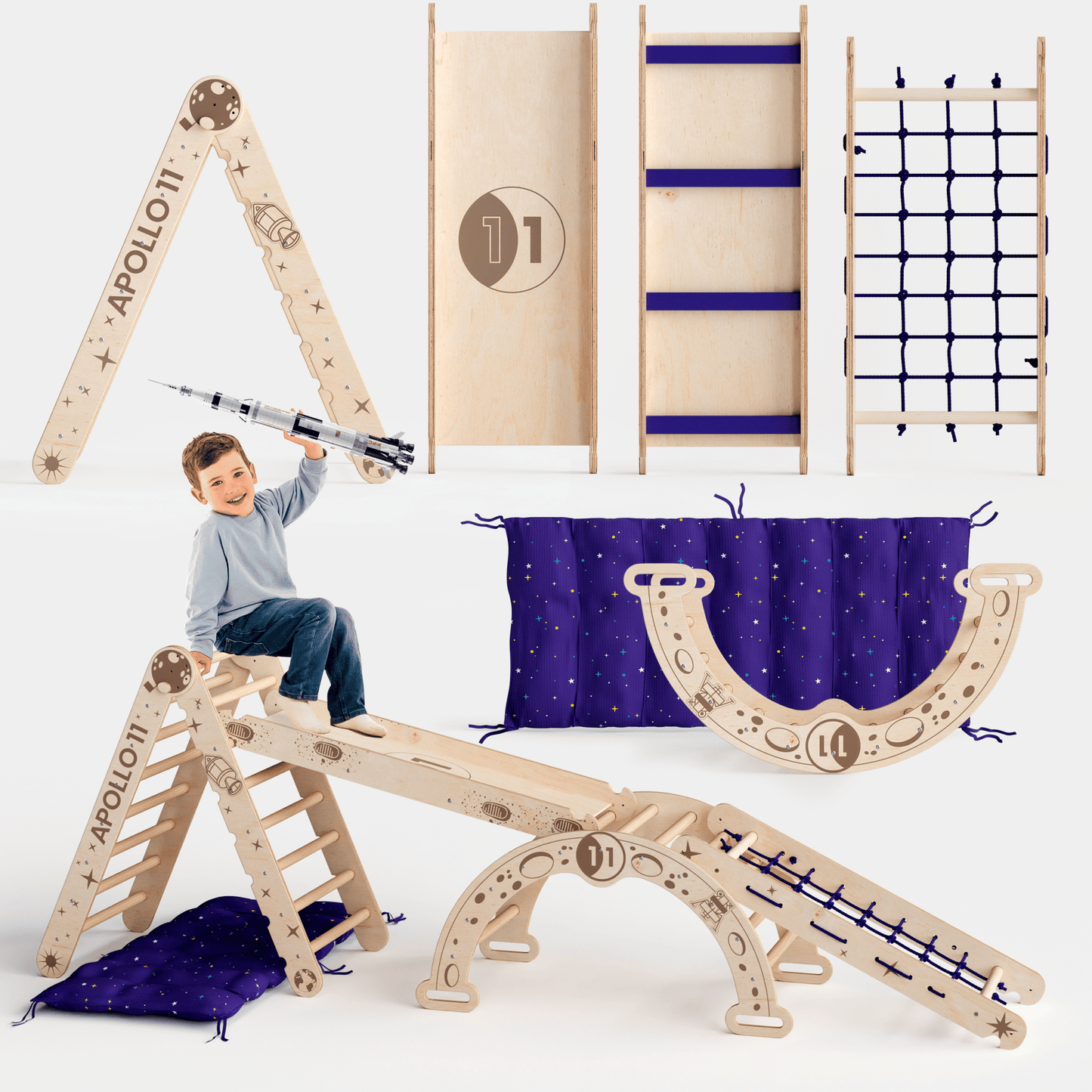 Apollo 5in1 Kletterset Holz - Pikler-Dreieck, Bogen mit Kissen, Netz & Rutsche (Weltraum-Edition)