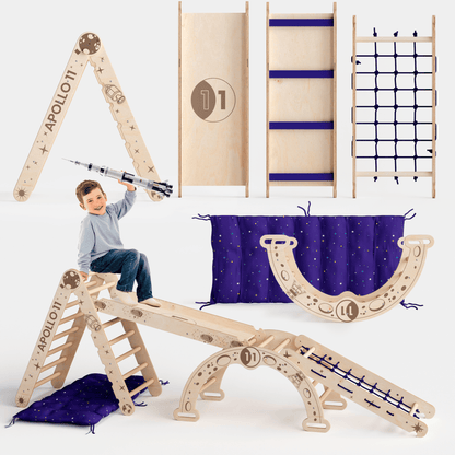 Apollo 5in1 Kletterset Holz - Pikler-Dreieck, Bogen mit Kissen, Netz & Rutsche (Weltraum-Edition)