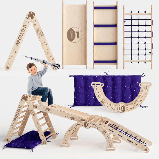 Apollo 5in1 Kletterset Holz - Pikler-Dreieck, Bogen mit Kissen, Netz & Rutsche (Weltraum-Edition)