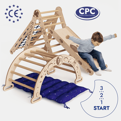 Apollo 5in1 Kletterset Holz - Pikler-Dreieck, Bogen mit Kissen, Netz & Rutsche (Weltraum-Edition)