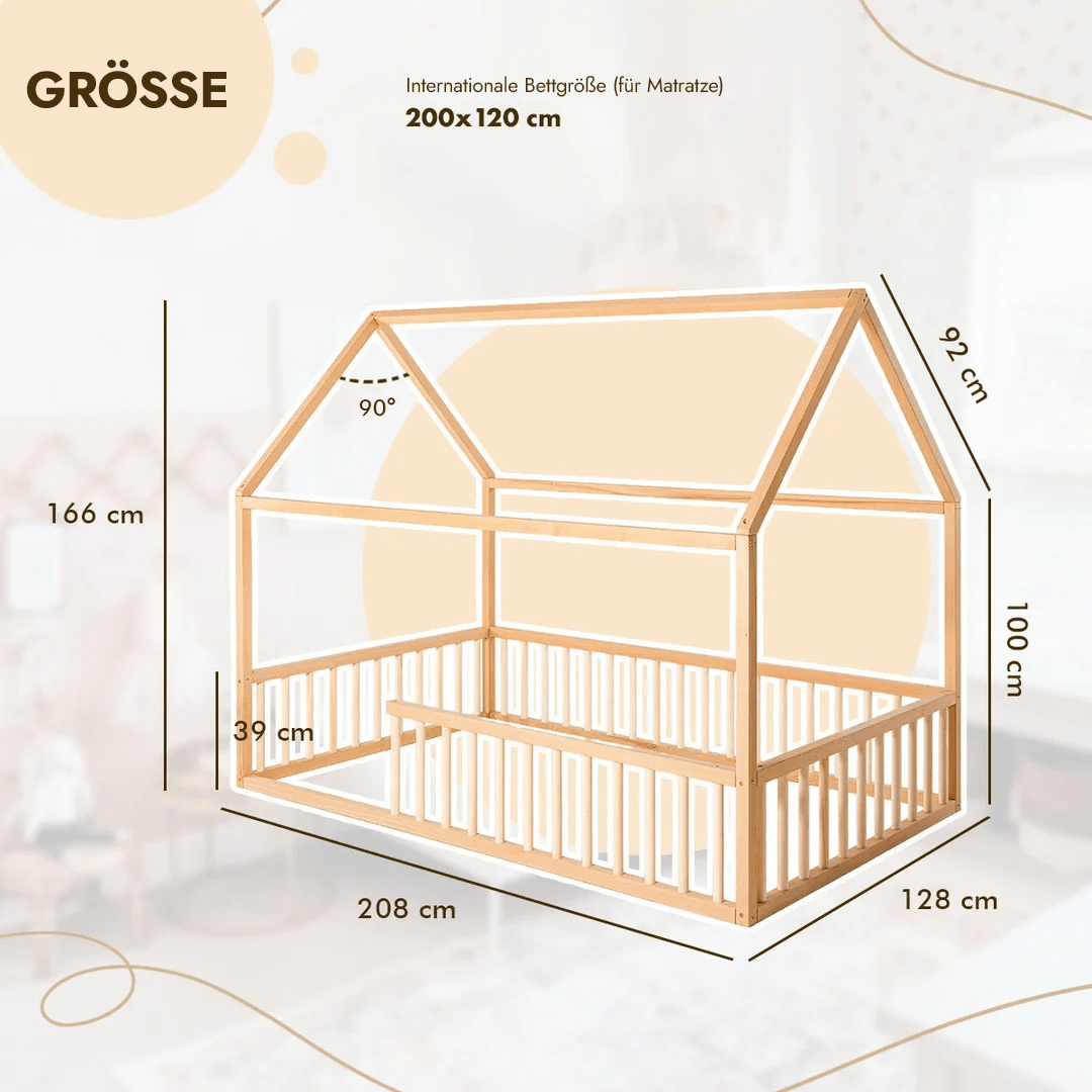 Hausbett Montessori Holz - Bodenbett & Spielbett mit Betthimmel ab 1 Jahr