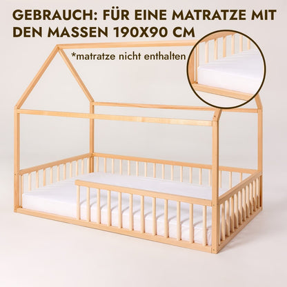 Hausbett Montessori Holz - Bodenbett & Spielbett mit Betthimmel ab 1 Jahr