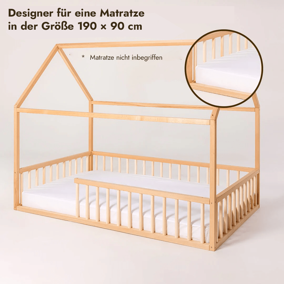 Hausbett Montessori Holz - Bodenbett & Spielbett mit Betthimmel ab 1 Jahr