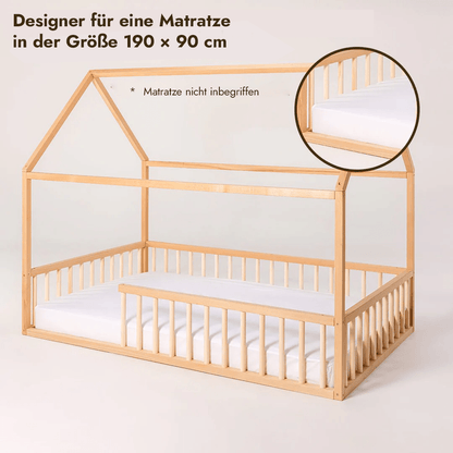 Hausbett Montessori Holz - Bodenbett & Spielbett mit Betthimmel ab 1 Jahr