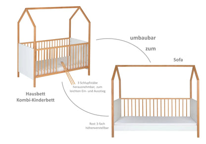 Hausbett Venice 70x140 cm – Weiß/Buche Massiv geölt