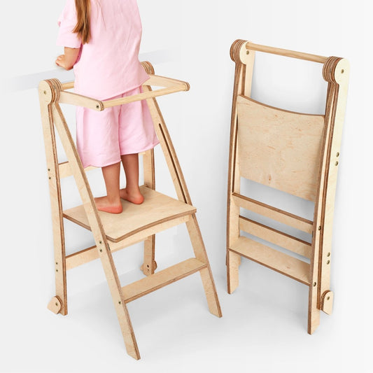 Holz Lernleiter Montessori - Faltbarer Lernturm & Tritthocker (Beige)