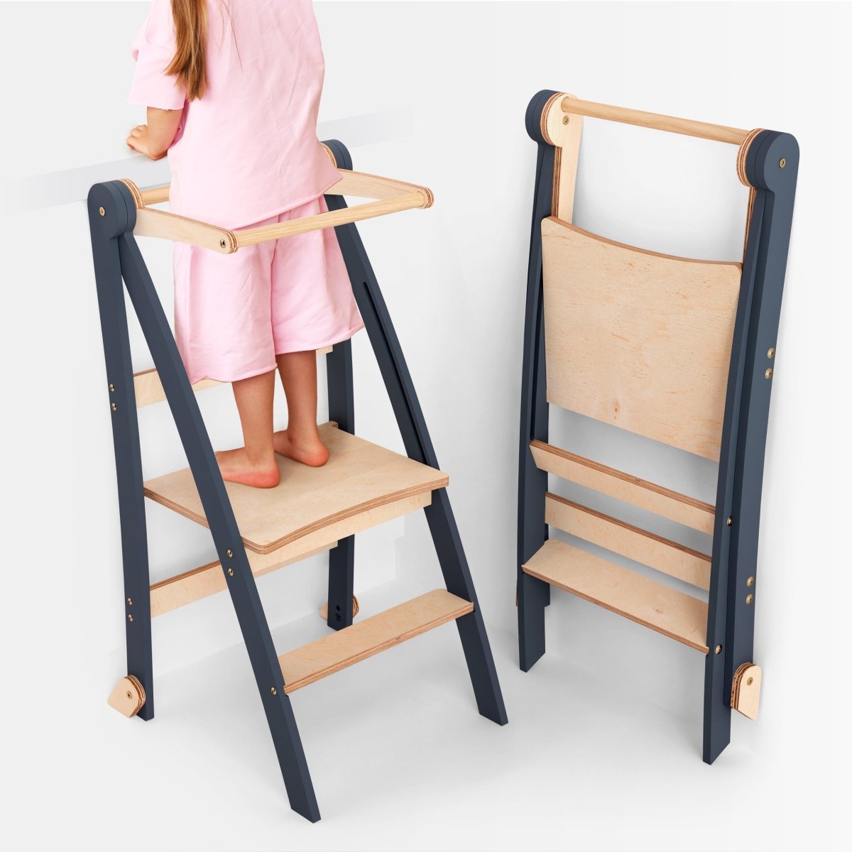 Holz Lernleiter Montessori - Faltbarer Lernturm & Tritthocker (Graphit)