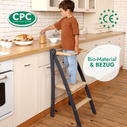 Holz Lernleiter Montessori - Faltbarer Lernturm & Tritthocker (Grau)