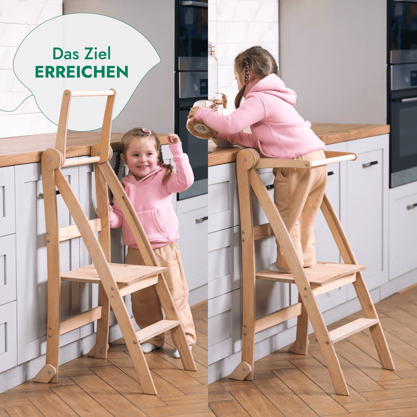 Holz Lernleiter Montessori - Faltbarer Lernturm & Küchenhelfer für Kinder
