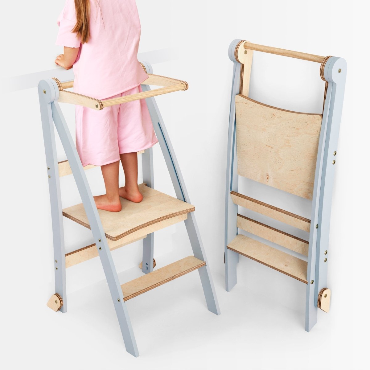 Holz Lernleiter Montessori - Faltbarer Lernturm & Tritthocker (Grau)