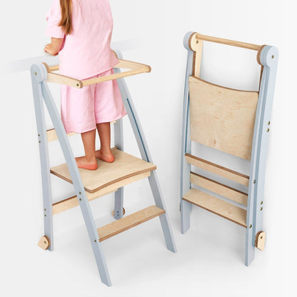 Holz Lernleiter Montessori - Faltbarer Lernturm & Tritthocker (Grau)