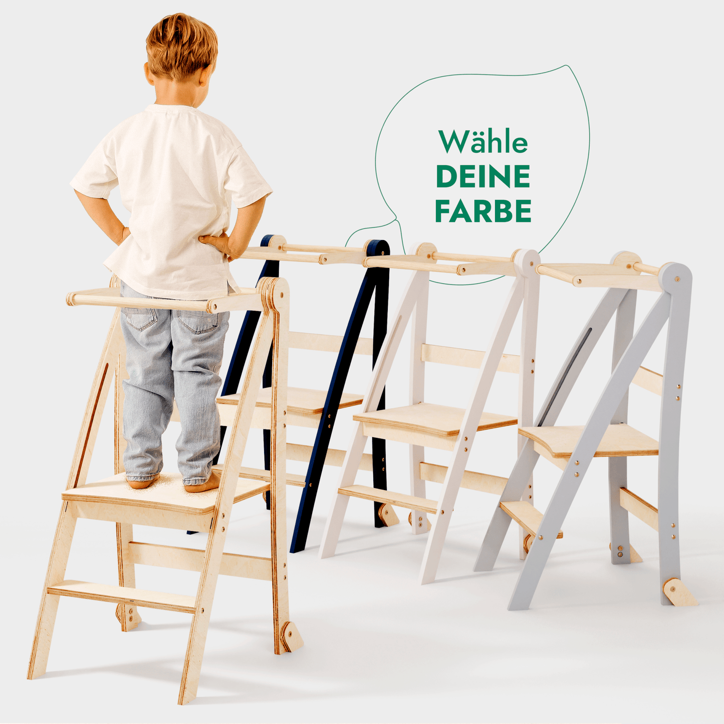 Holz Lernleiter Montessori - Faltbarer Lernturm & Tritthocker (Beige)
