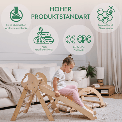 Montessori 4in1 Kletterdreieck für Babys - Pikler-Dreieck mit Bogen, Kissen & Rutsche (Beige)
